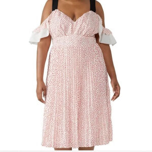 Eloquii Heart Print Pleated Midi Dress Flutter Sleeve Off Shoulder Sz 14